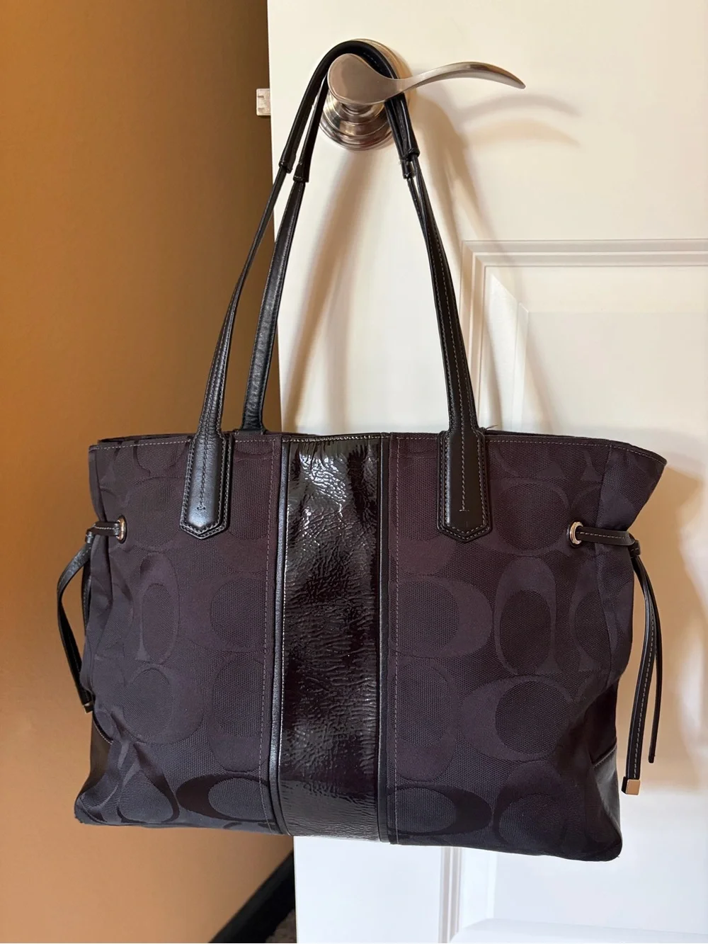 Coach Black Signature Tote with Patent Trim